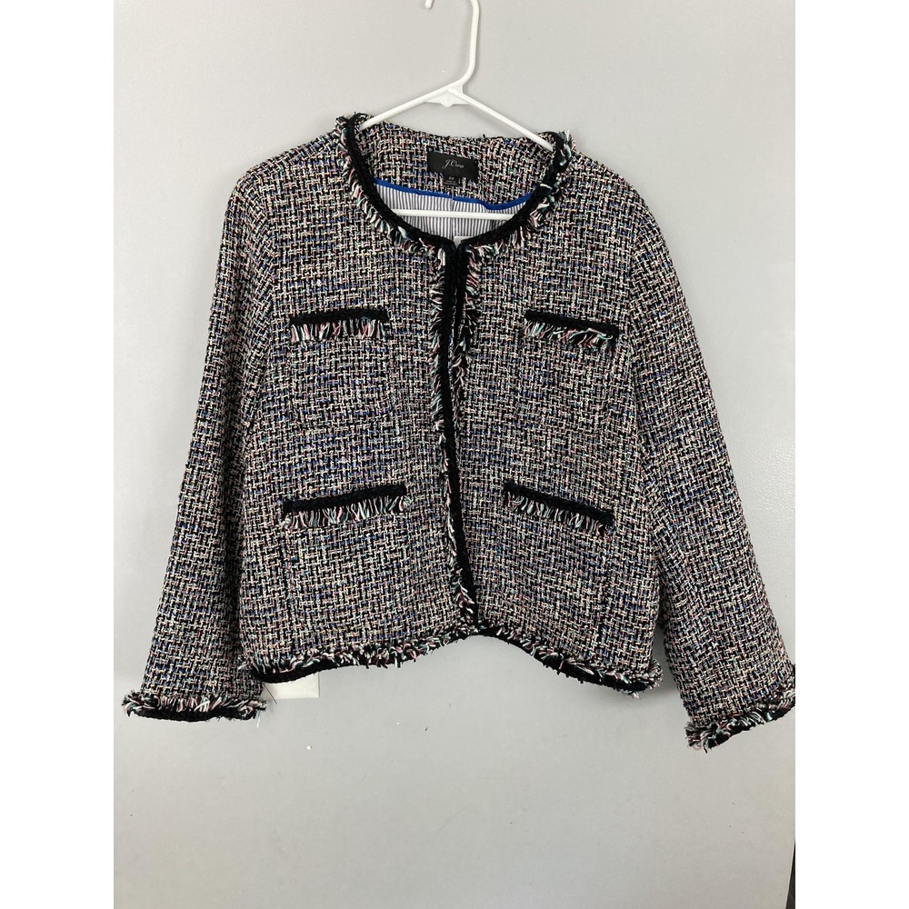 J Crew Blazer Jacket Women 22 Multicolor Tweed Fringe Hook N Eye Closure NWT